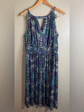 Dressbarn 18W Purple Teal Paisley Midi Dress Flowy Stretch Keyhole
